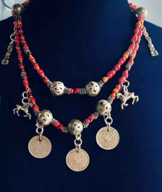 Antique Guatemalan Chachal necklace with Real Silver coins C 1910-1912 Coral 18”