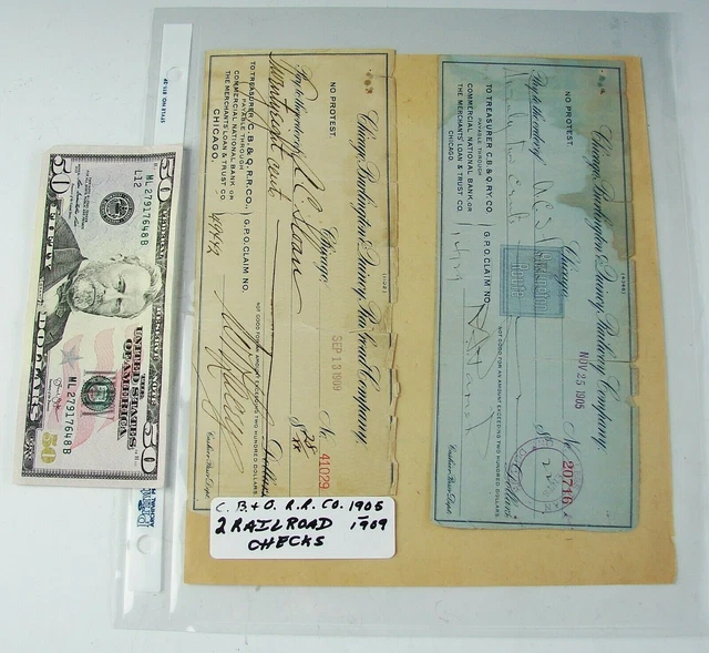 1905 & 1909 Vtg CB&Q CHICAGO BURLINGTON & QUINCY RAILROAD 2 RAILROAD CHECKS