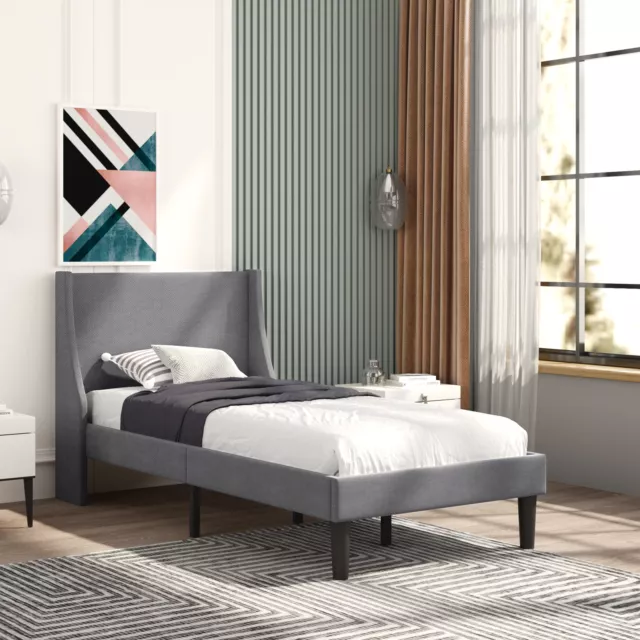 3ft Single Size Bed Frame Fabric Upholstered Bed with Wing Headboard in Grey