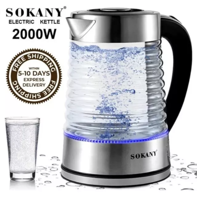 Sokany 2,2 l Wasserkocher Glas Edelstahl stehlen schnell kochend LED 2000 Watt SK-1027