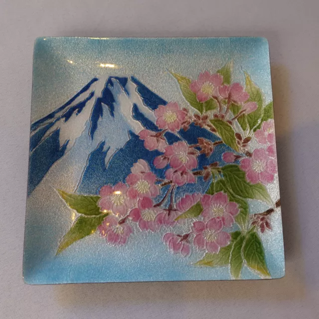 Vintage Japanese Cloisonné Enamel Square Decorative Plate Mt. Fuji Ando Japan