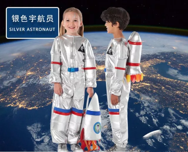 Kids Astronaut Cosplay Costume Role Playing Halloween Jumpsuit Rocket Bag Outfit