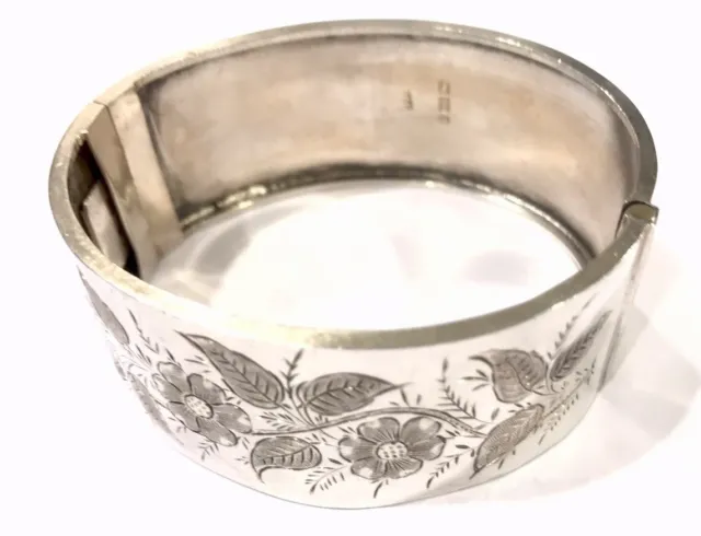 Antique Victorian Sterling Silver Engraved Wide Bangle Bracelet Hallmarked 1885