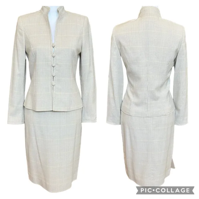 Vintage Escada Two Piece Blazer & Skirt Set Wool Silk Blend Tan Plaid Size 34/4