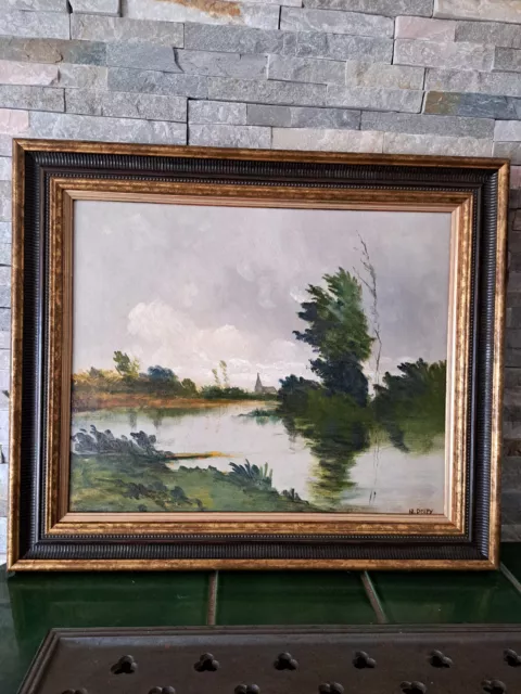 Huile sur toile 19e , signée H ou N Delpy , paysage de rivière , bel encadrement