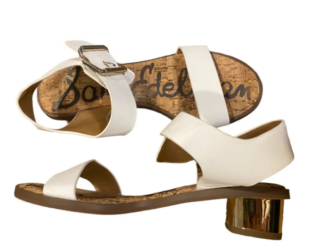 Sam Edelman White Sandals 6M Womens  Trixie Ankle Strap Low Gold Heel Buckle