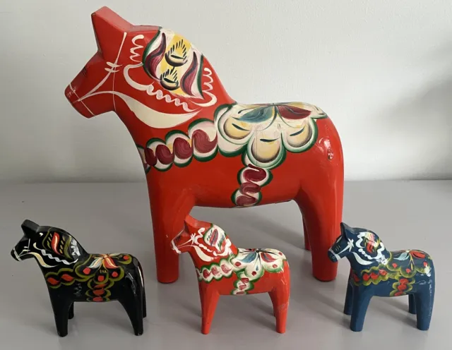 Vintage NILS OLSSON Swedish Dala Horse Hand Painted Wood FOLK ART 12" MCM Lot