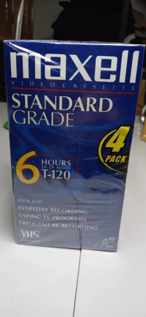 Maxell Blank VHS Tapes T-120 Video Cassette Standard Grade 6 Hrs Sealed 4 Pack