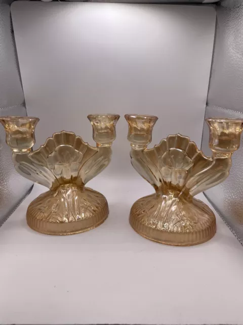 Set Of 2 Iris & Herringbone Double Candle Stick Holder Marigold Iridescent Glass