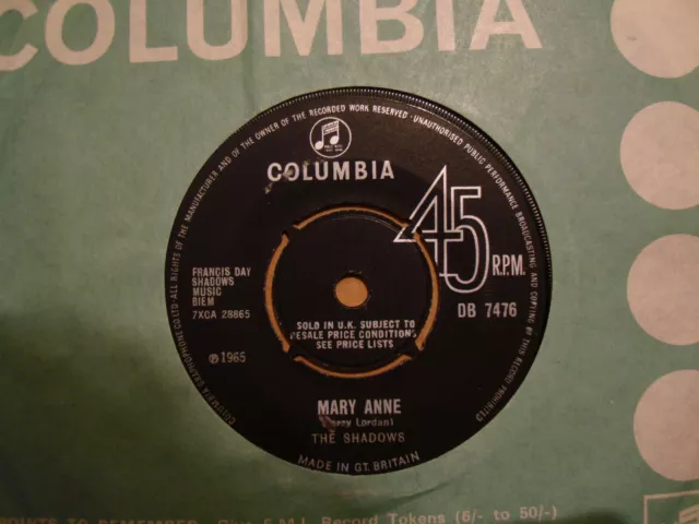 The Shadows,  Mary Anne, Columbia Records 1965 Ex