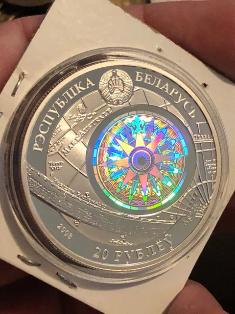 Belarus 20 roubles USS Constitution Sailing Ships hologram silver coin 2008
