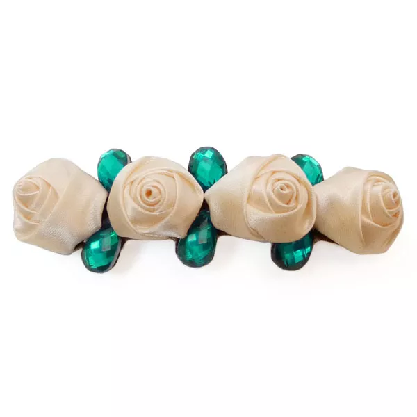 Barrette pince à cheveux fins Fleurs Roses ruban satin BEIGE strass gouttes VERT