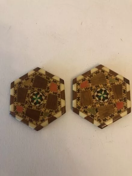 Vintage hand made Wooden inlaid Marquetry Coasters x 2. In lovely condition.