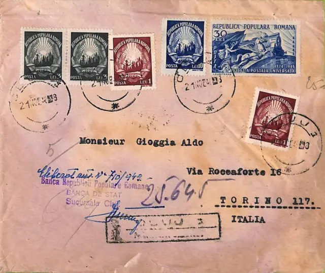 ac6488 - ROMANIA - Postal History -  Registered COVER to ITALY 1949