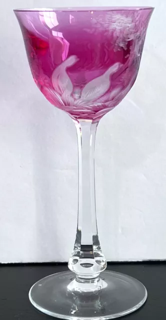 Moser Birds of the Wild Crystal Bohemian Wine Hock Glass Cut to Clear Cranberry