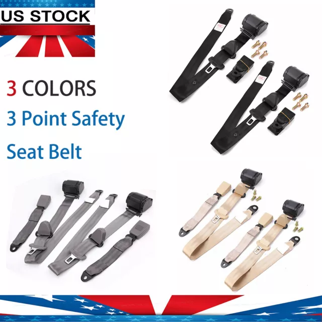 2 Kits Retractable 3 Point Safety Seat Belt Straps Car Vehicle Adjustable Belt