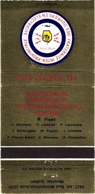 Montreal Quebec Canada Brotherhood of Electrical Workers Vintage Matchbook Cover