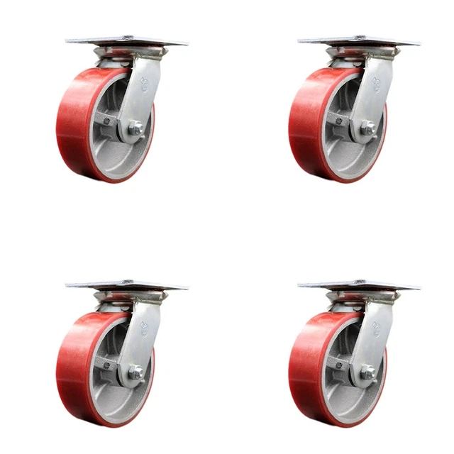 6 Inch Heavy Duty Red Poly on Cast Iron Caster Set with Roller Bearings Set 4