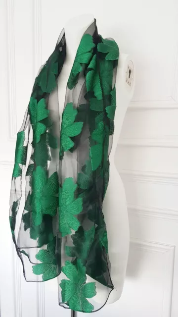 Ladies Green Black Flower Print  Embroidered Womans Long Sheer Neck Dress Scarf