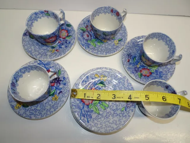 Antique Wild Flower blue Copeland Spode, England, demitasse cups and saucers