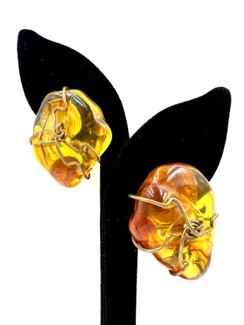 Abra Signed Amber Nugget Lrg Wire-Wrapped Gold-Tone Vintage Important Earrings