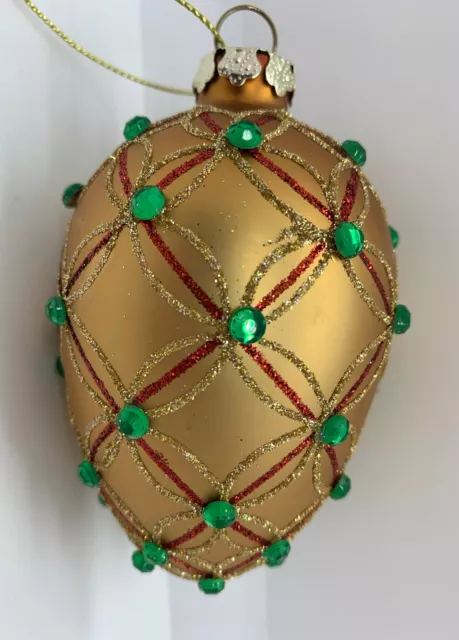 Jeweled Gold Egg Shaped Ornament Green Gold Green Red Multicolor Glitter