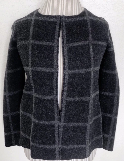 Eileen Fisher Ash Check Windowpane Merino Wool Round Neck Cardigan Jacket Sz XS