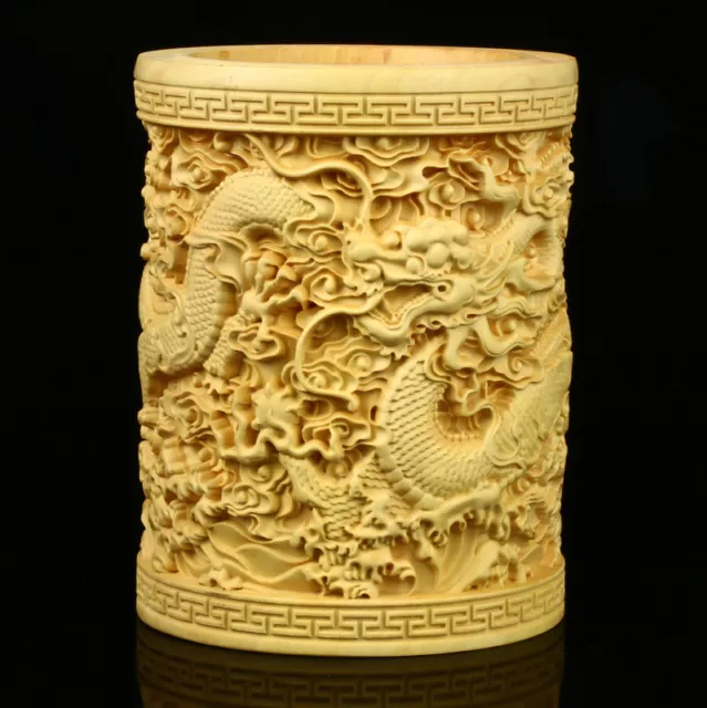 Chinese Boxwood  Hand Carved Dragon Exquisite Brush Pot Pen holder 20620