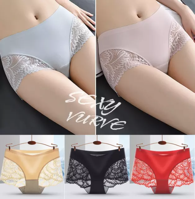 Size M L XL Women's Sexy Lace Underwear Ice Silk Seamles Panty Ultra-Thin Brief