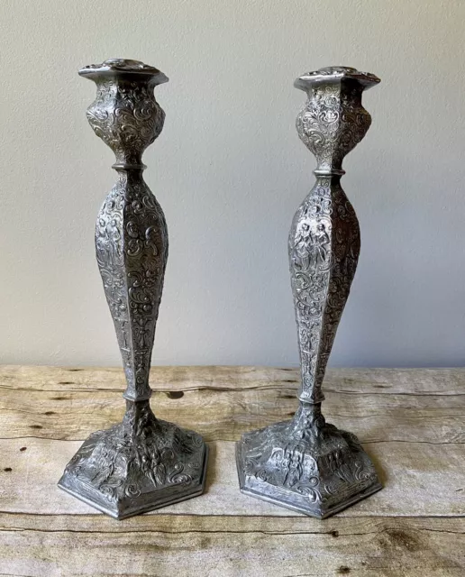 Pair of Weidlich Brothers MFG Dutch Repousse Silver color 12" Candlestick Holder