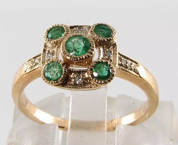 Dainty 9K 9Ct Gold Colombian Emerald Diamond Art Deco Ins Ring Free Resize