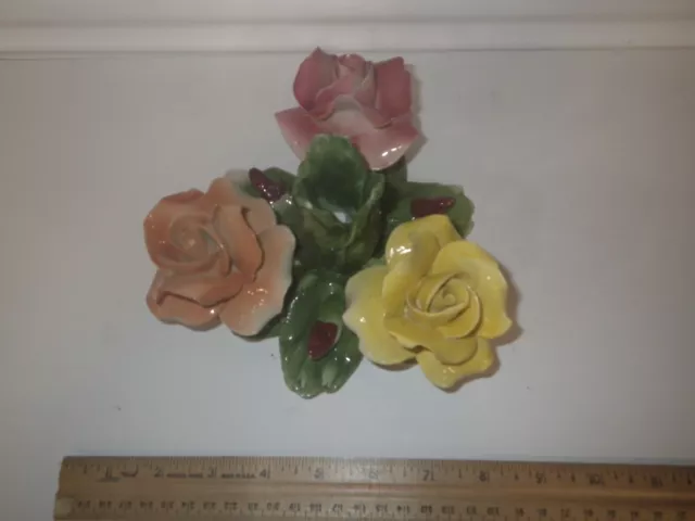Vintage Porcelain Flower Sculpture Triple Bud Rose Figurine by Capodimonte Italy