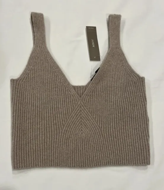 J Crew Cashmere Crop Top Womens S Taupe Ribbed Plunging V Neck Sweater Knit