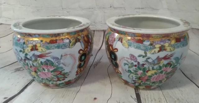 Pair Of Vintage Chinese Canton Rose Jardinere Plant Pots Porcelain, Gold, Birds