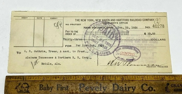 1926 check New York New Haven & Hartford RR Co - AT&N RR Mobile AL