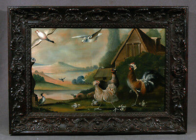 Early 19th Century Animal Painting Chickens Ducks & House Vintage Landscape