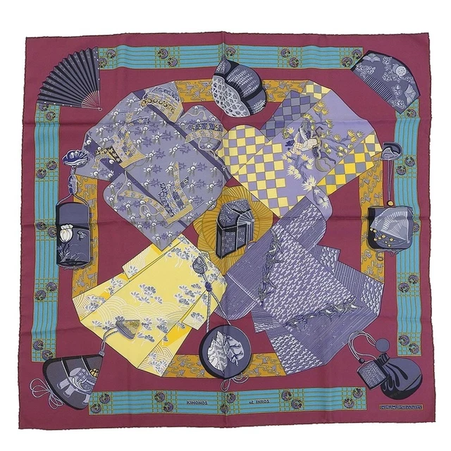 HERMES Scarf Carre 90 Silk Kimonos et Inros 35 in Wine-red Multi Auth R0570
