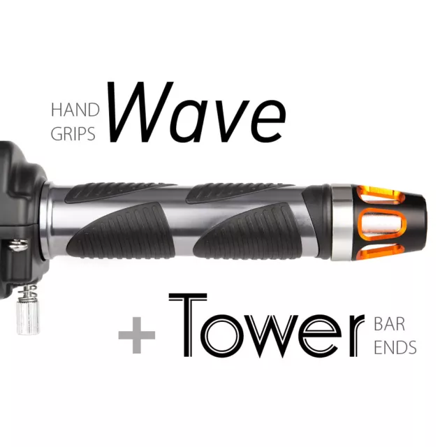 KiWAV Motorcycle Wave Grips Dark Gray with Tower Bar Ends Orange/Silver