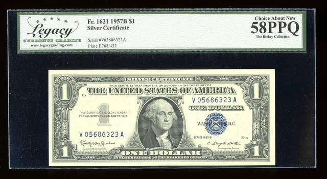 DBR $1 1957-B Silver Fr. 1621 VA Block Legacy 58 PPQ Serial V05686323A