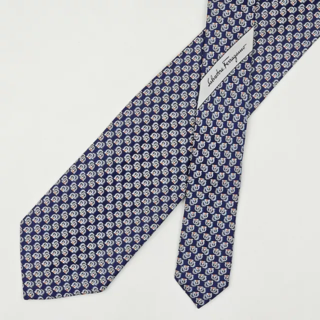 Salvatore Ferragamo Tie Necktie Gancini Logo on Dark Blue