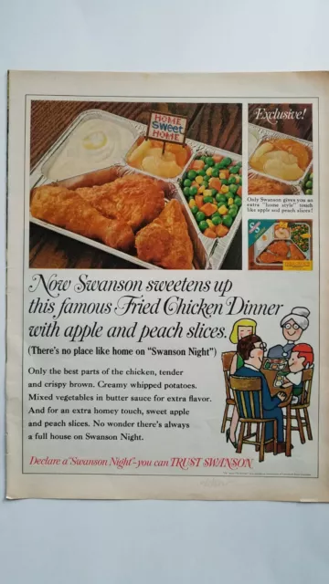 1968 Swanson Fried Chicken TV dinner Apple potatoes peas vintage ad