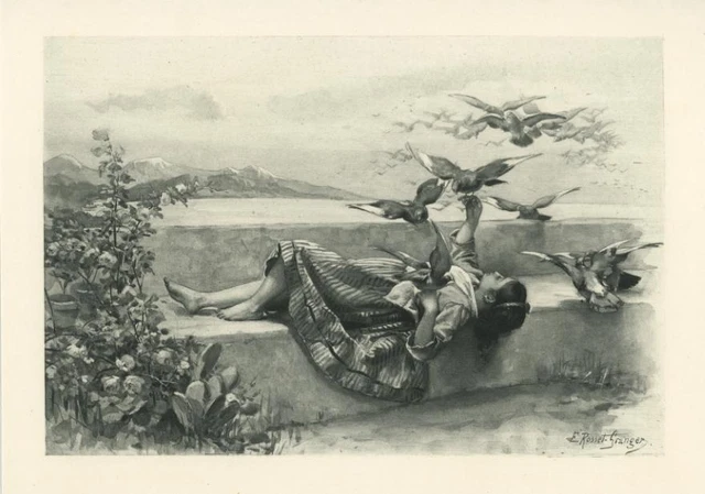Antique Victorian Girl Mourning Dove Pigeon Flock White Roses Garden Art Print