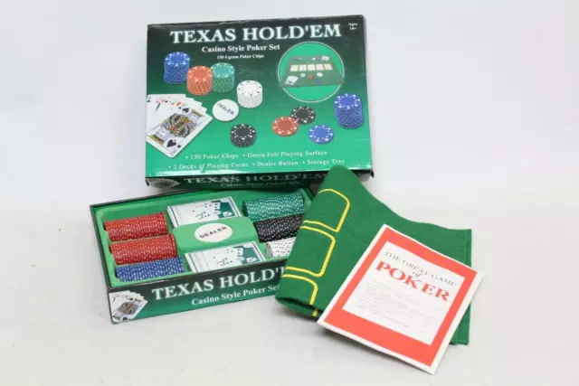 Texas Hold'em Poker Set 150 Chips 2 Packs Of Cards Cloth Tray Party Games J3