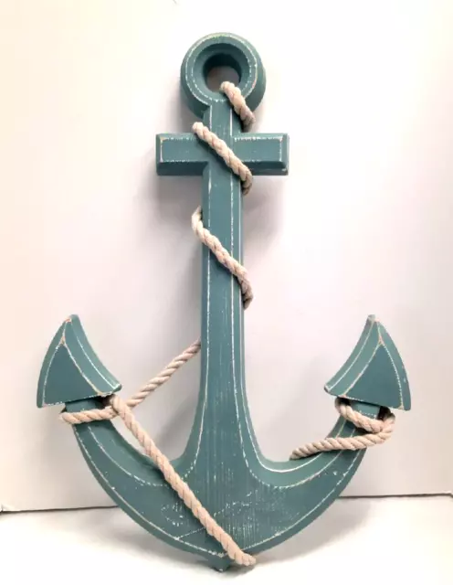 Wooden Distressed Anchor w/Rope Hanging Wall Decor 24"x16" Nautical Blue Ocean