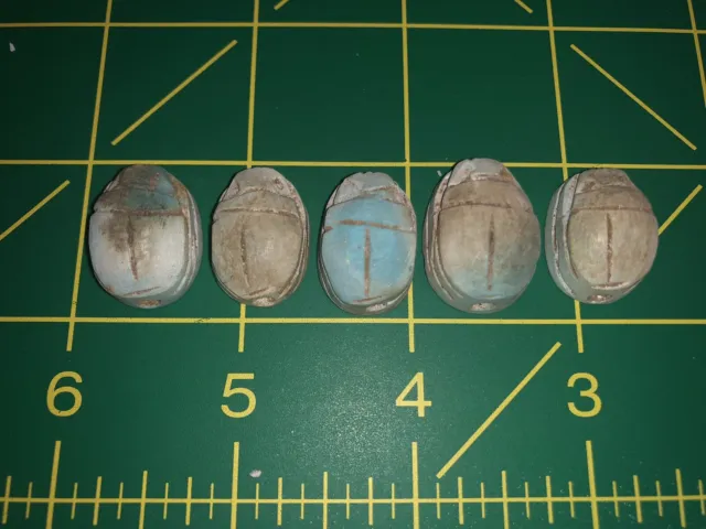 Five ( 5 ) Antique Egyptian Carved Stone Faience Scarab Beads Pendants 2