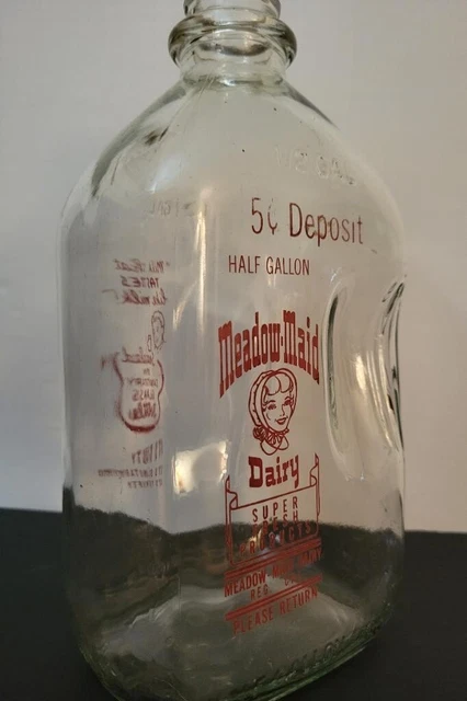 Vintage 1/2 Gallon Glass Milk Bottle jug 5 cent Deposit Meadow.Maid Dairy