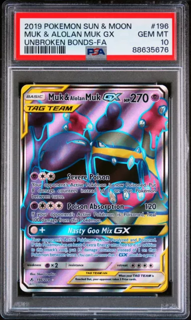 PSA 10 2019 Pokemon Sun & Moon Unbroken Bonds Muk & Alolan Muk Gx Full Art 196