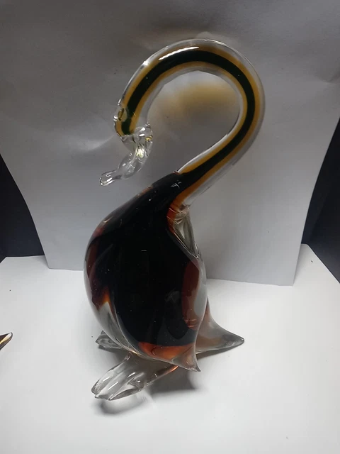 Vintage MCM Italian Murano Glass Amber and Green Duck Figurine 8" Italy
