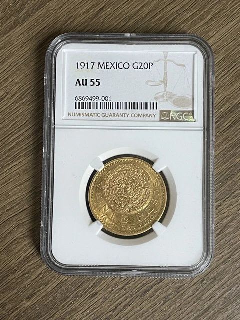 1917 Mexico Gold 20 Pesos Ngc Au55 Mexican Peso G20P Coin