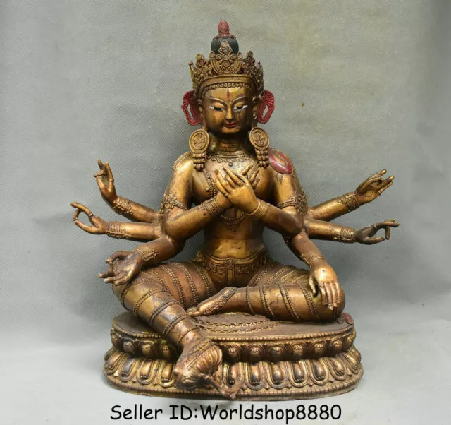 19.2" Old Tibet Buddhism Bronze Gilt 8 Arms Green Tara Kwna-Yin Goddess Statue